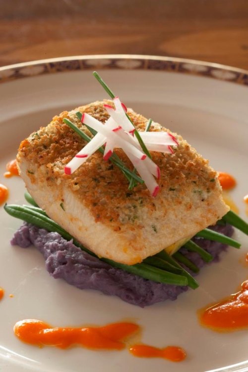 A beautifully plated fish fillet with a crispy topping, served on purple mashed potatoes and garnished with radish and chives.