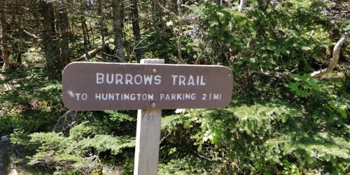 Sign for Burrows Trail, indicating a distance of 2.1 miles to Huntington Parking, surrounded by trees.