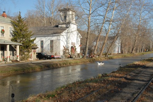 A serene scene of a canal lined with trees, featuring a white duck and quaint houses in a rural setting.