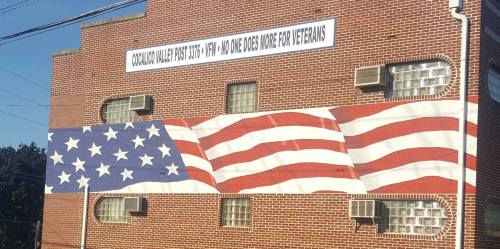 Mural of an American flag on a brick building with a sign for a veterans' post above it.