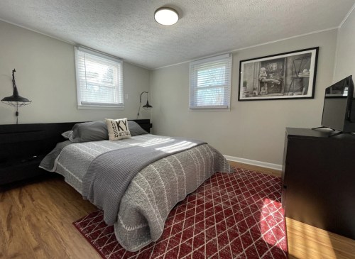 Cozy bedroom with a bed, gray bedding, a TV, and artwork on the wall, featuring natural light from windows.