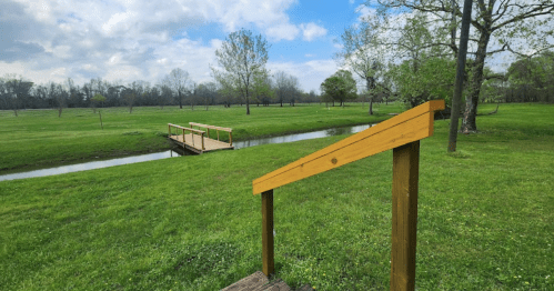 A wooden bridge over a small stream in a grassy park with trees and a cloudy sky.