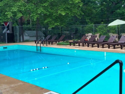 A clear swimming pool with lounge chairs nearby, surrounded by trees and a fence.