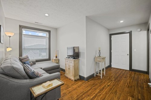 Cozy living room with a gray sofa, TV, and wooden flooring, featuring a window and light-colored walls.