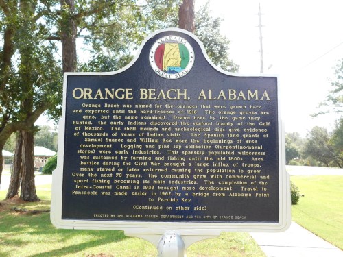 Historical marker about Orange Beach, Alabama, detailing its history, agriculture, and development over the years.