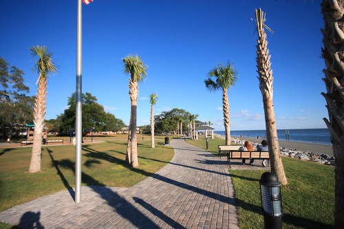 A scenic pathway lined with palm trees leads to a beach, with benches and a clear blue sky in the background.