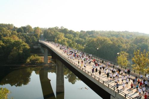 A large group of runners crosses a bridge surrounded by trees and a river on a sunny day.