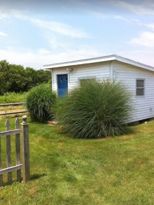 A small white house with a blue door surrounded by tall green grass and a wooden fence in a grassy area.