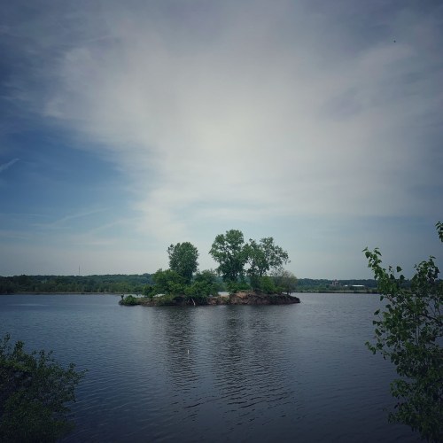 A small island with trees in a calm lake under a cloudy sky, surrounded by greenery.
