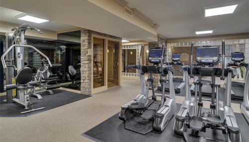 A modern gym interior featuring exercise machines, treadmills, and a weightlifting area with stone accents.