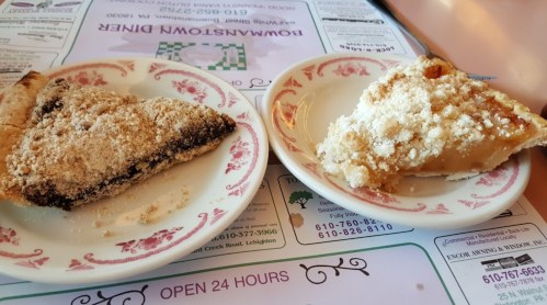 Two slices of pie on a plate: one with a crumb topping and the other with a powdered sugar topping, on a diner menu background.