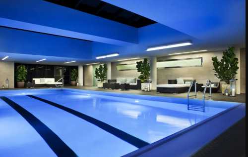 Indoor swimming pool with blue lighting, lounge chairs, and potted plants in a modern, stylish setting.