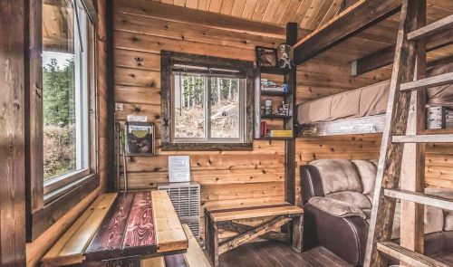Cozy interior of a wooden cabin featuring a sofa, a table, and a lofted bed with a window view.