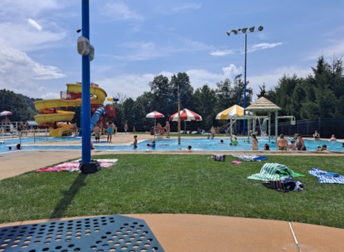 A sunny pool scene with people swimming, water slides, and colorful umbrellas, surrounded by green grass.