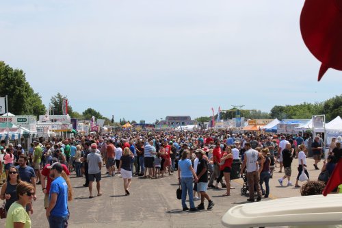 A large crowd gathers at an outdoor festival with various vendor tents lining the street under a clear blue sky.
