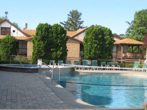 A clear swimming pool surrounded by green trees and lounge chairs, with buildings in the background on a sunny day.