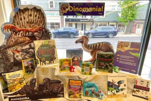 A display of dinosaur-themed books and cutouts, featuring colorful titles and a backdrop of a dinosaur illustration.