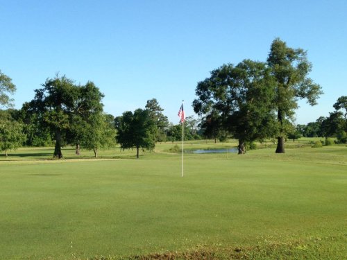 A golf course green with a flag, surrounded by trees and a pond under a clear blue sky.