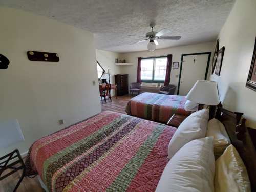 A cozy hotel room featuring two beds, a desk, and a window with natural light.