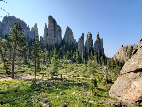 A scenic view of tall rock formations surrounded by lush greenery and trees under a clear blue sky.