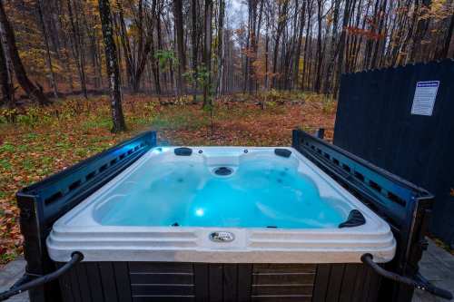 A hot tub with glowing blue water sits in a forested area surrounded by autumn foliage and a wooden fence.