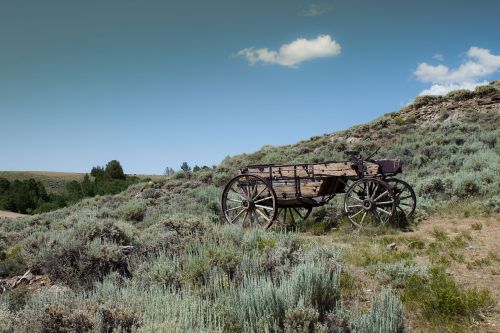 An old wooden wagon sits on a hillside, surrounded by sagebrush and under a clear blue sky.