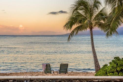 Two beach chairs facing a calm ocean at sunset, with a palm tree and soft waves in the background.