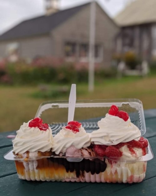 A dessert container filled with layers of ice cream, topped with whipped cream and cherries, set against a blurred background.