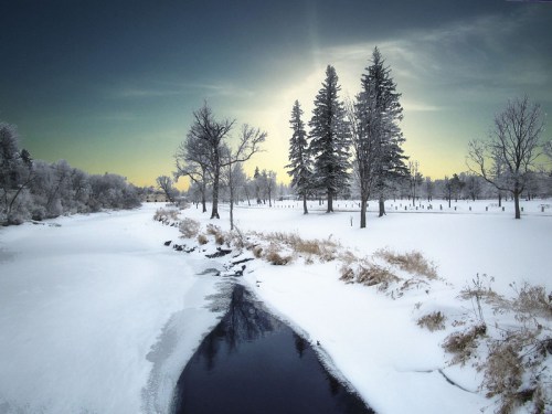 A serene winter landscape featuring a frozen river, snow-covered banks, and tall evergreen trees against a twilight sky.