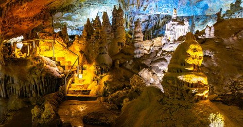 Scenic illuminated view of the caverns inside Lewis and Clark Caverns State Park.
