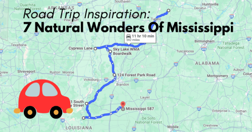 Map highlighting a road trip route to seven natural wonders in Mississippi, featuring a red car icon.