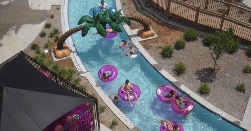 Aerial view of a lazy river with people floating on pink inner tubes under palm trees.