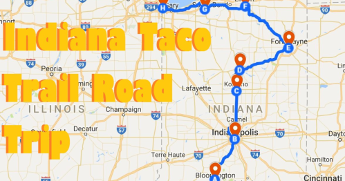 Map highlighting the Indiana Taco Trail road trip route with marked stops and a blue path connecting them.