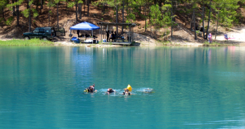 Three divers swim in a clear blue lake, with a shaded area and people in the background enjoying the outdoors.