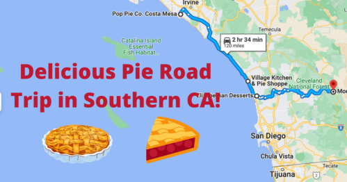 Map showing a road trip route in Southern California with pie illustrations and text: "Delicious Pie Road Trip!"
