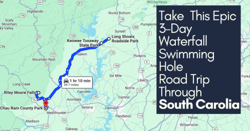 Map showing a 3-day road trip route through South Carolina, highlighting waterfalls and swimming holes.