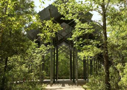 A modern structure with a large roof, supported by metal beams, surrounded by lush green trees in a forested area.