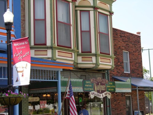Historic building with colorful architecture, featuring a gallery and gifts shop, in Fort Scott, Kansas.