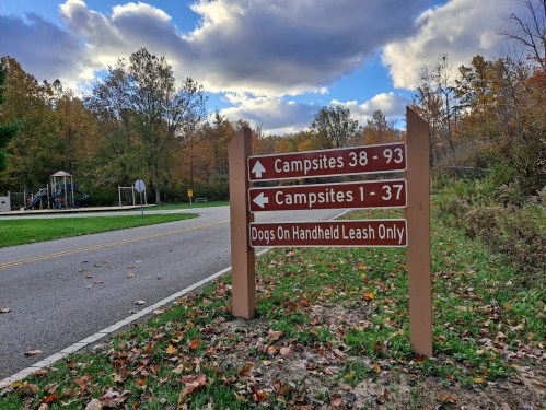 Signpost indicating directions to campsites 1-37 and 38-93, with a note about dogs on a handheld leash only.
