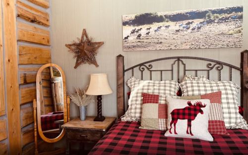 Cozy bedroom with a plaid bedspread, decorative moose pillow, wooden accents, and a mirror reflecting the rustic decor.