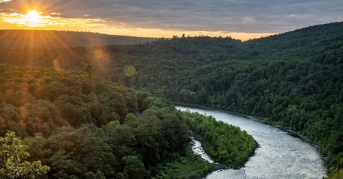 the delaware river surrounded by hundreds of forest trees with a pretty sunset in the background
