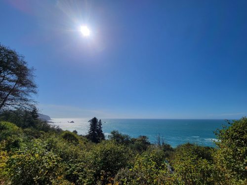 A bright sun shines over a serene ocean view, framed by lush greenery and distant cliffs under a clear blue sky.