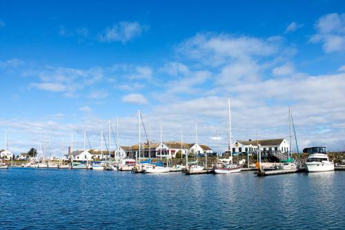 A serene marina with sailboats docked along a waterfront, under a bright blue sky with scattered clouds.