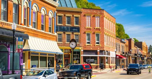 Old brick buildings and shops along Main Street in a city in Iowa