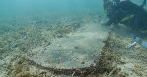 A diver examines a large, flat underwater structure covered in marine vegetation and sediment.