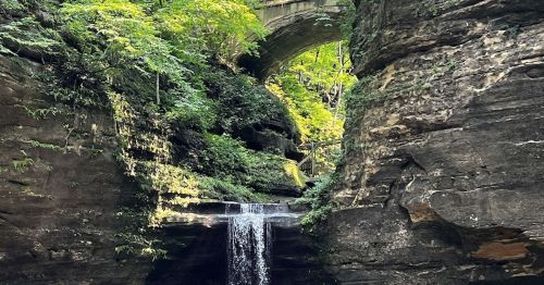 A serene waterfall cascades through rocky cliffs, framed by lush greenery and an arching stone bridge above.