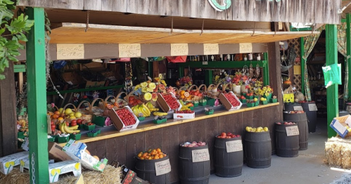 A vibrant outdoor market stall displaying various fruits in baskets, with signs for local produce and colorful decorations.