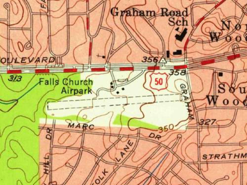 Map showing Falls Church Airpark, with surrounding roads and topographical features.