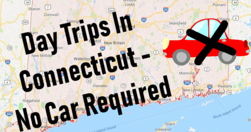 Map of Connecticut with text: "Day Trips In Connecticut - No Car Required" and a crossed-out car icon.