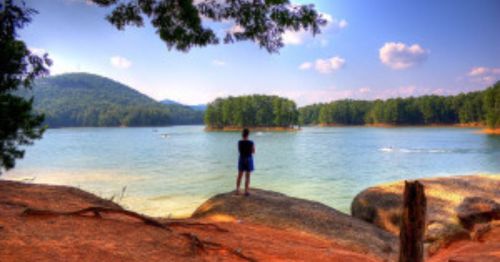 A person stands on a rocky shore, gazing at a serene lake surrounded by trees and mountains under a blue sky.